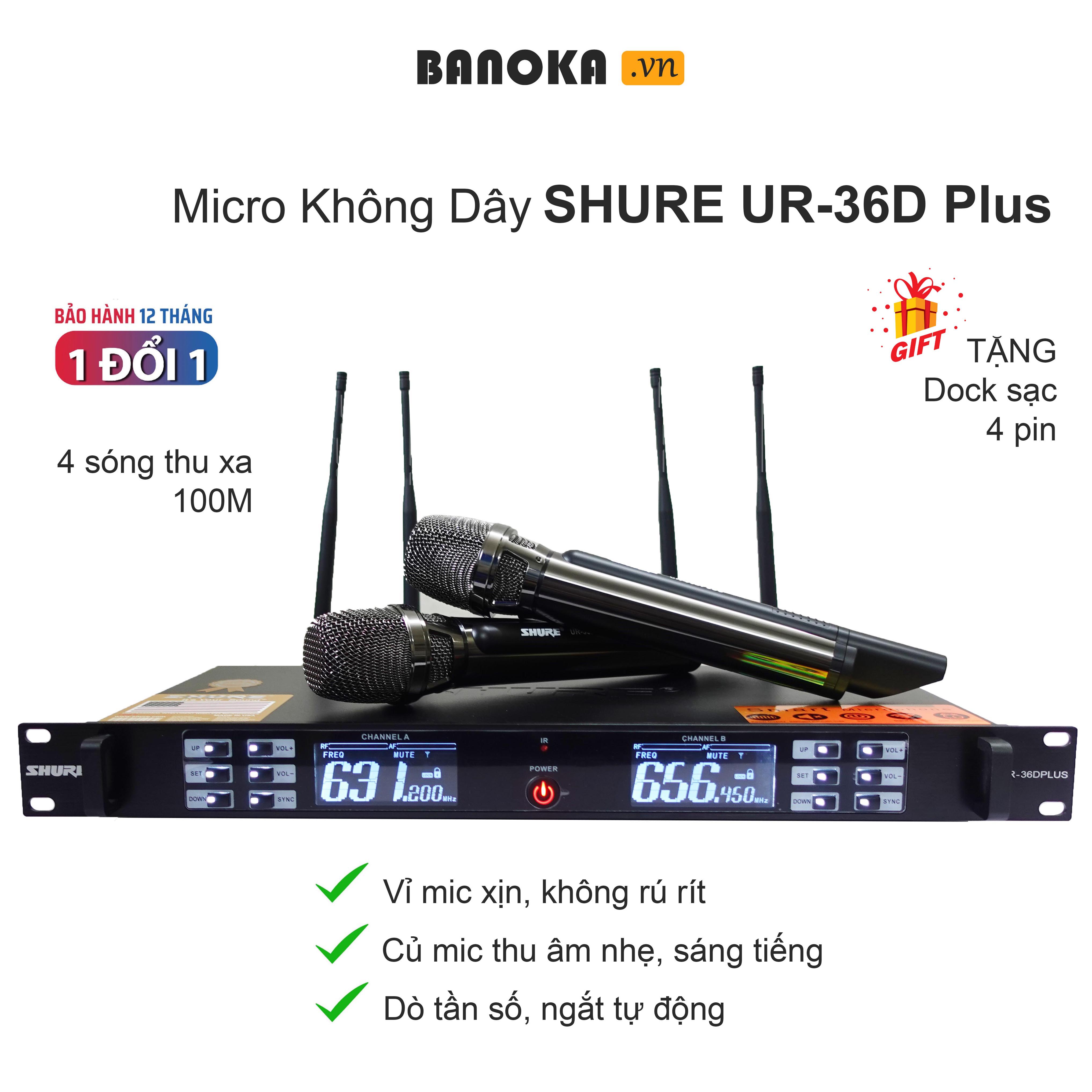 Micro không dây cao cấp SHURE UR-36D Plus, âm thanh karaoke chuyên nghiệp, 4 râu bắt xa 100m